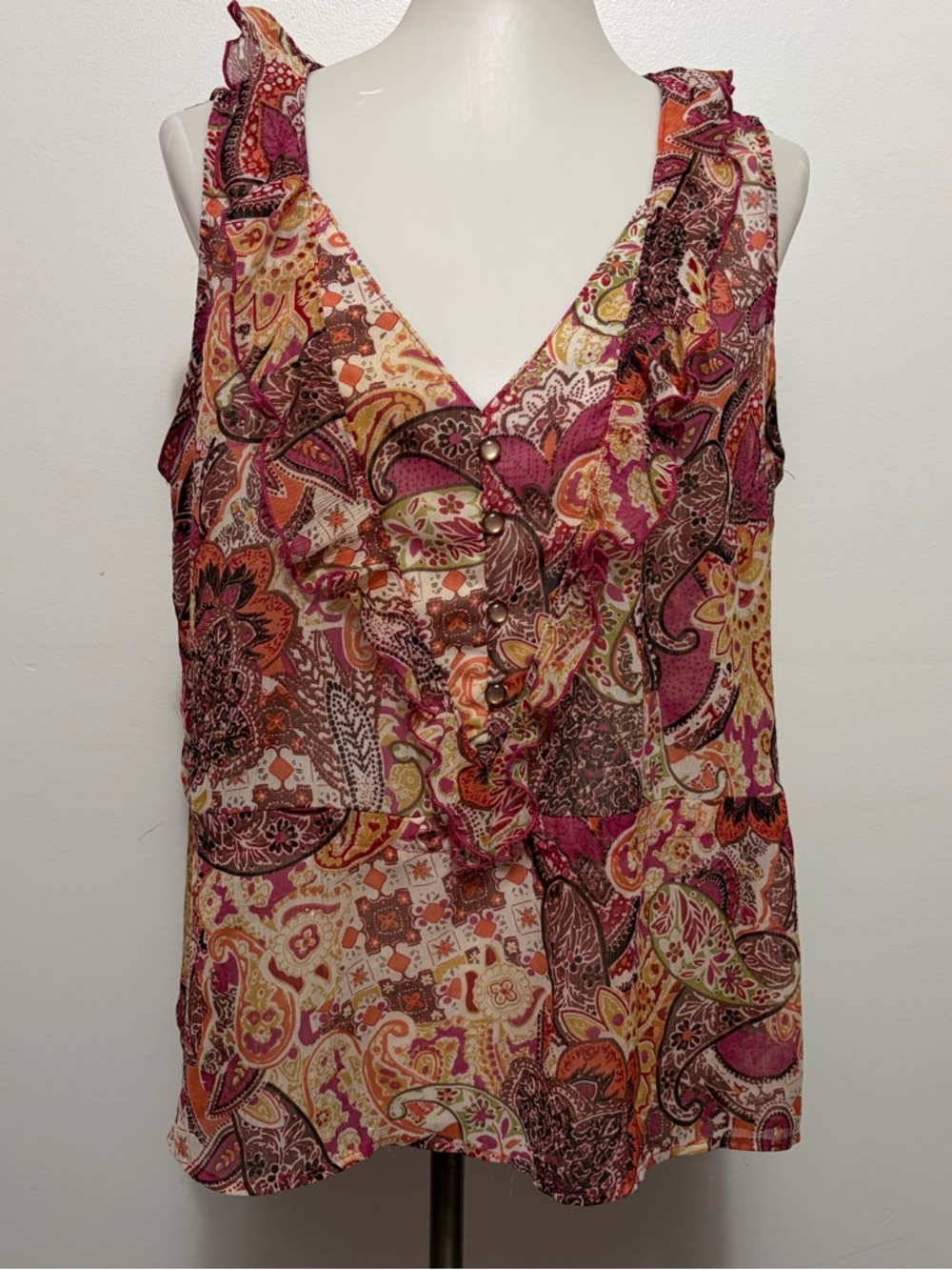 Studio 1940 Paisley Ruffle Sleeveless Blouse Size L Pink Orange Boho Peasant